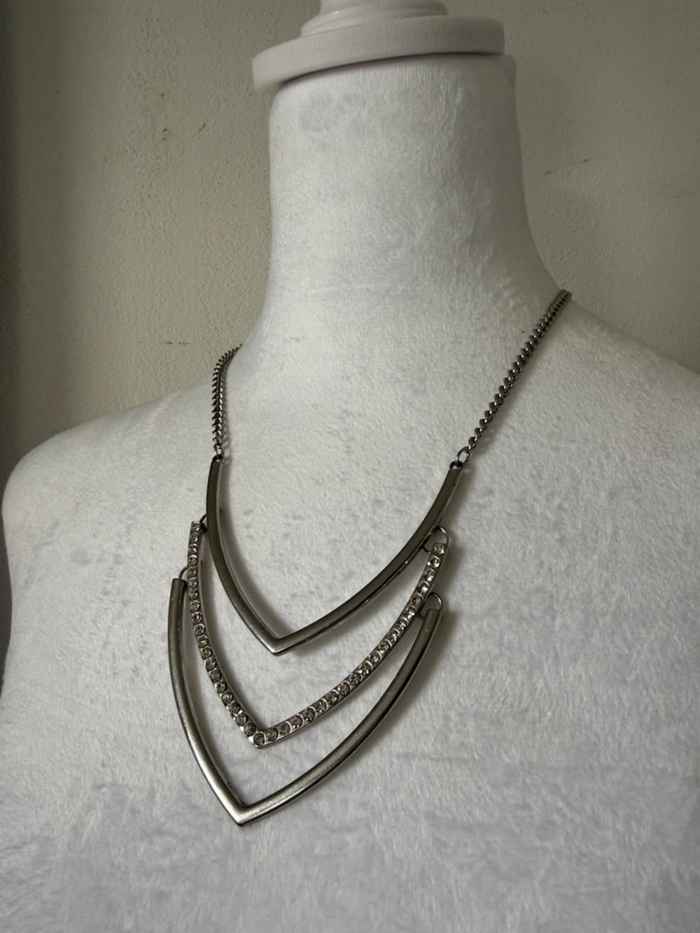 Silver Tri-Layer V-Shaped Statement Necklace